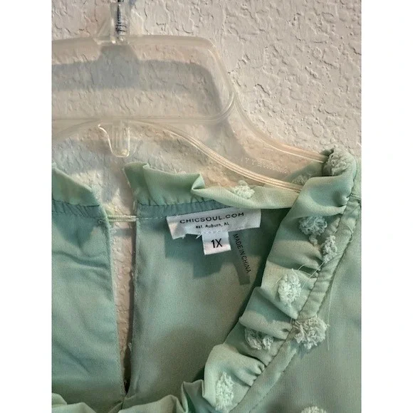 Chic Soul 1X Mint Green Pom Pom Ruffle Neck Short Sleeve Blouse Top - Picture 2 of 3